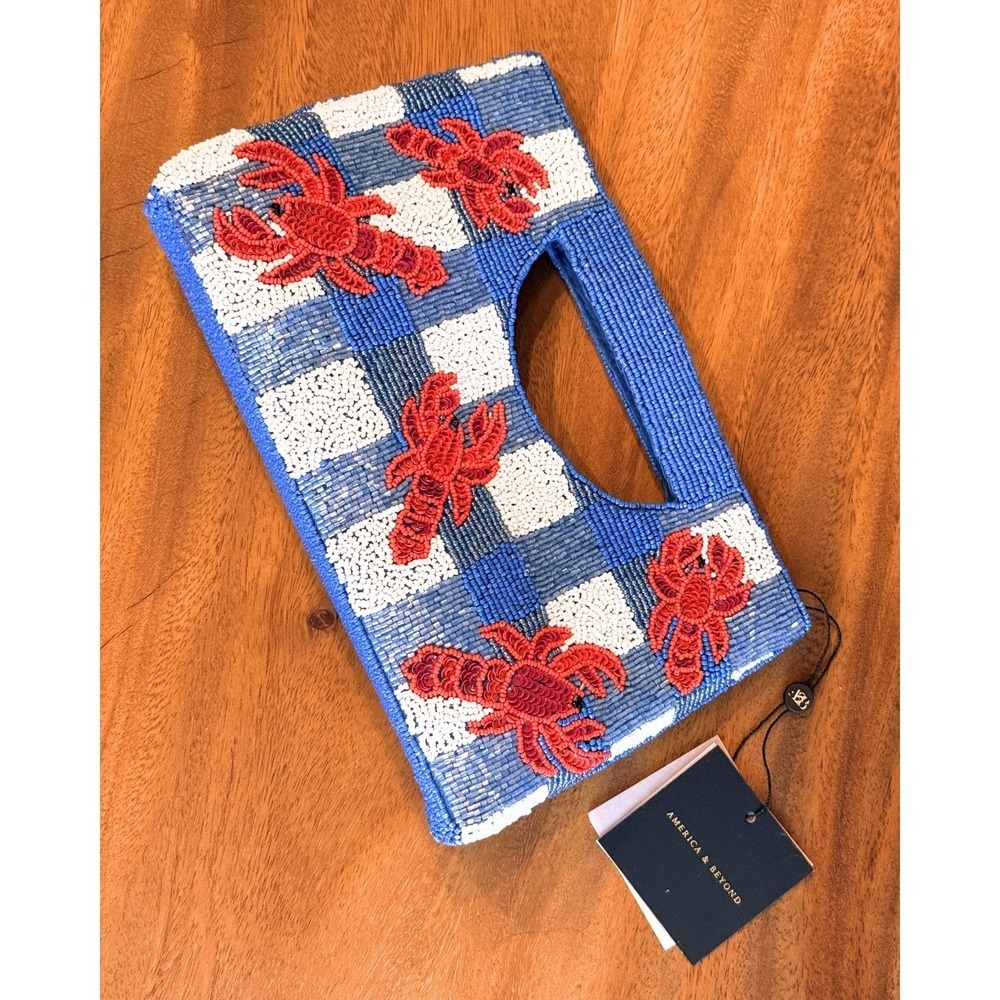 America & Beyond Beaded Lobster Clutch Coastal Claw Gingham Blue White Red NWT